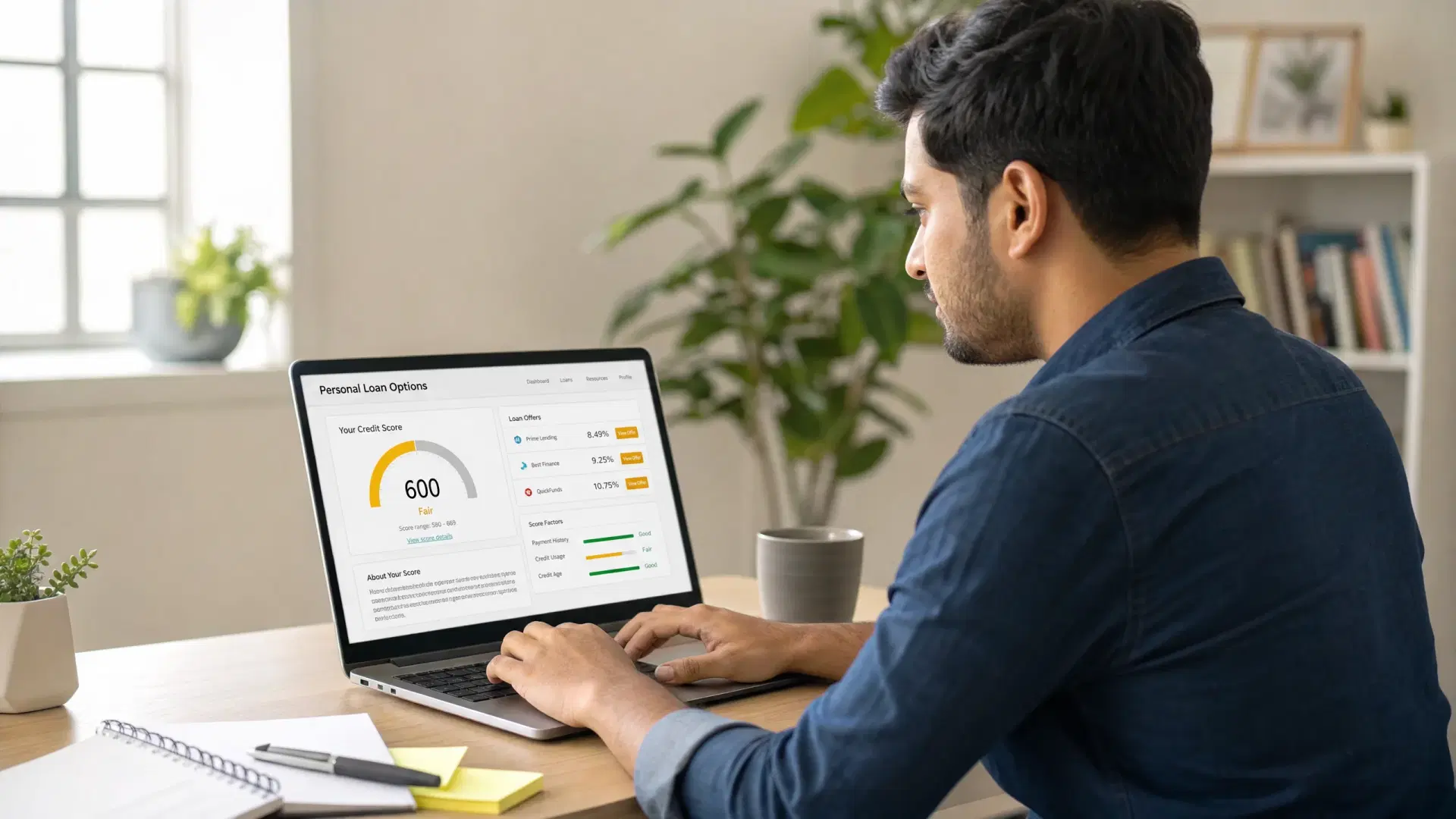Person reviewing personal loan options on a laptop showing a 600 FICO credit score dashboard with loan offers and score factors