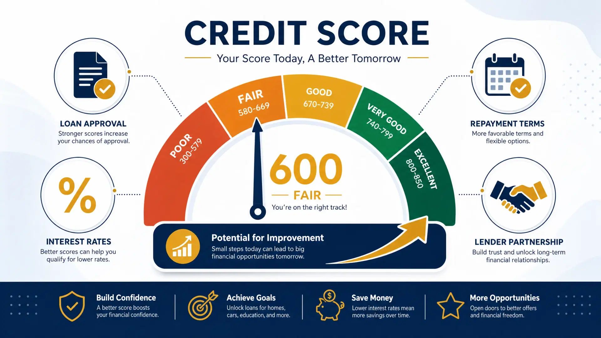 Credit score infographic showing a meter with 600 in the Fair range (580–669), surrounded by callouts for loan approval, interest rates, repayment terms, and lender partnership