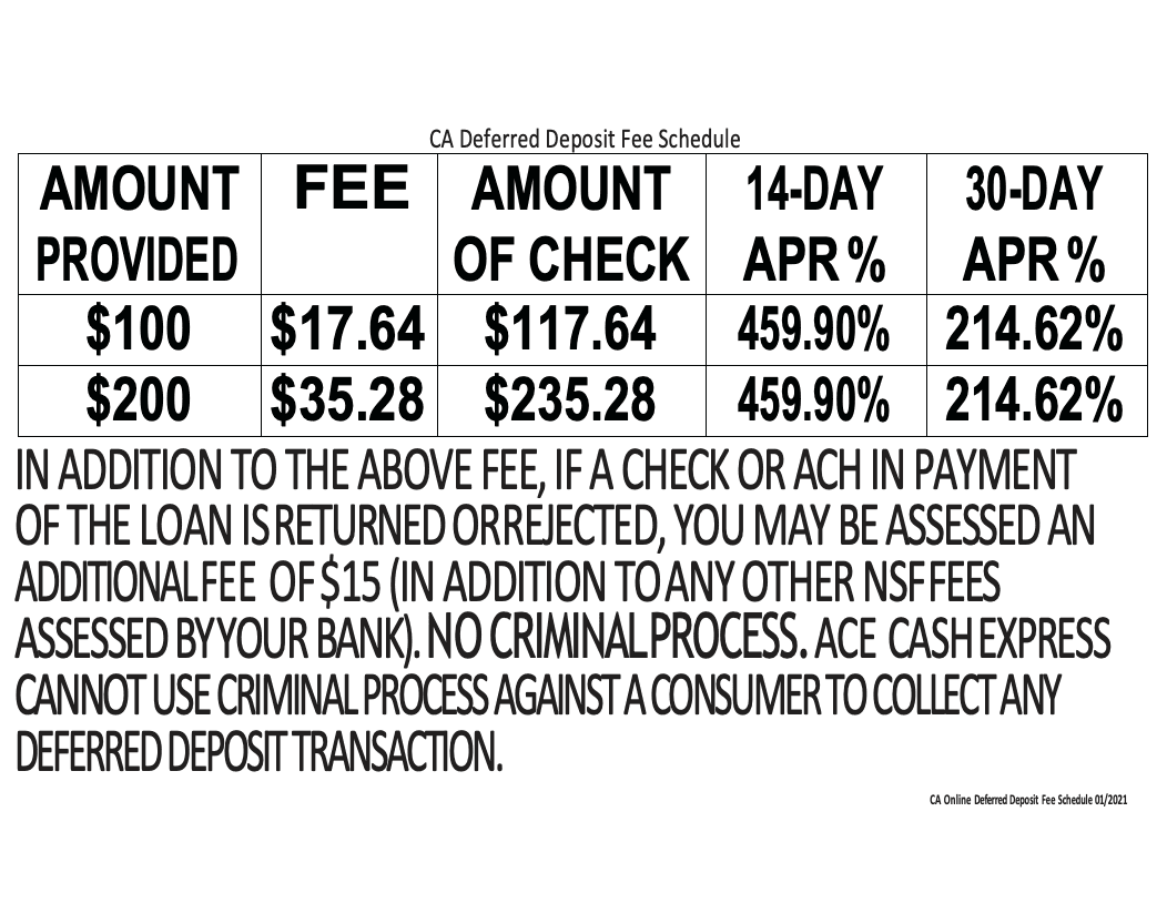 ACE Cash Express California Deferred Deposit Fee Schedule