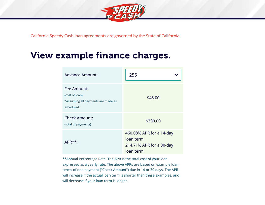 Speedy Cash California Payday Loan Fee Schedule